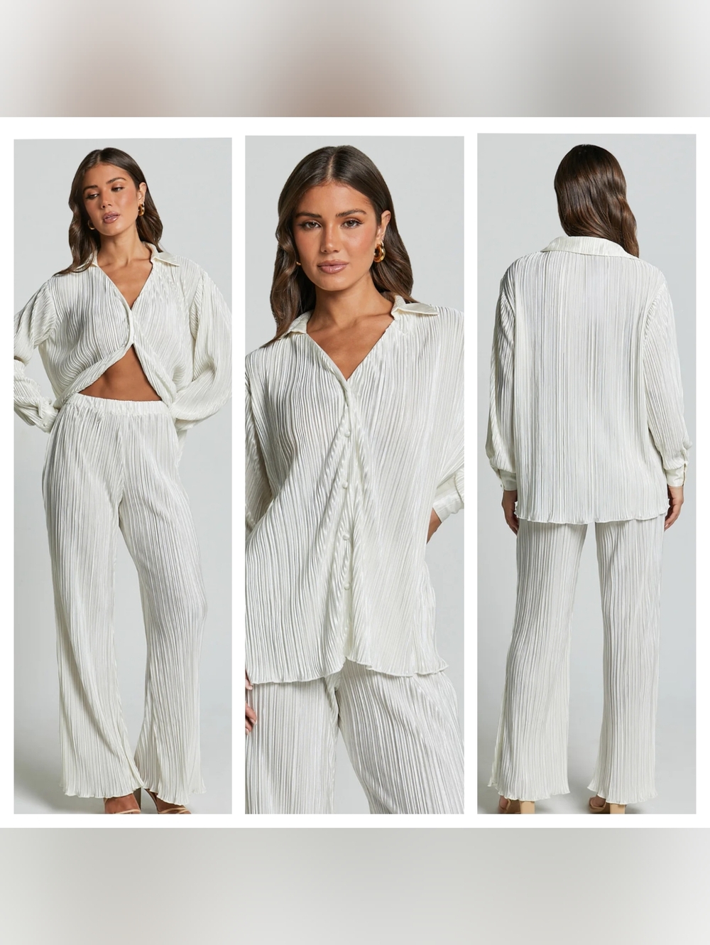 Showpo Beca Plisse Button Up Shirt And Pant Set Cream Size 0